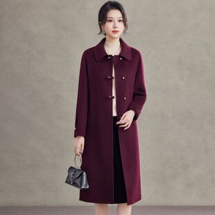 2026秋冬新款红色羊毛大衣女中长款妈妈装宽松大码手工双面呢外套