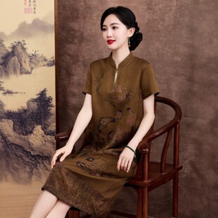 2026新款香云纱真丝连衣裙女中年妈妈款中式立领印花桑蚕丝旗袍裙