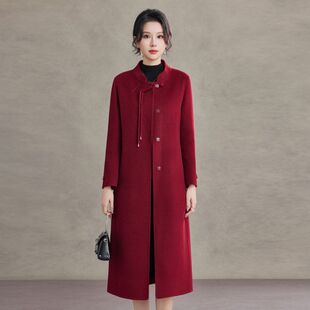 红色手工双面呢子大衣女中长款2026秋冬新款修身绵羊毛呢子外套
