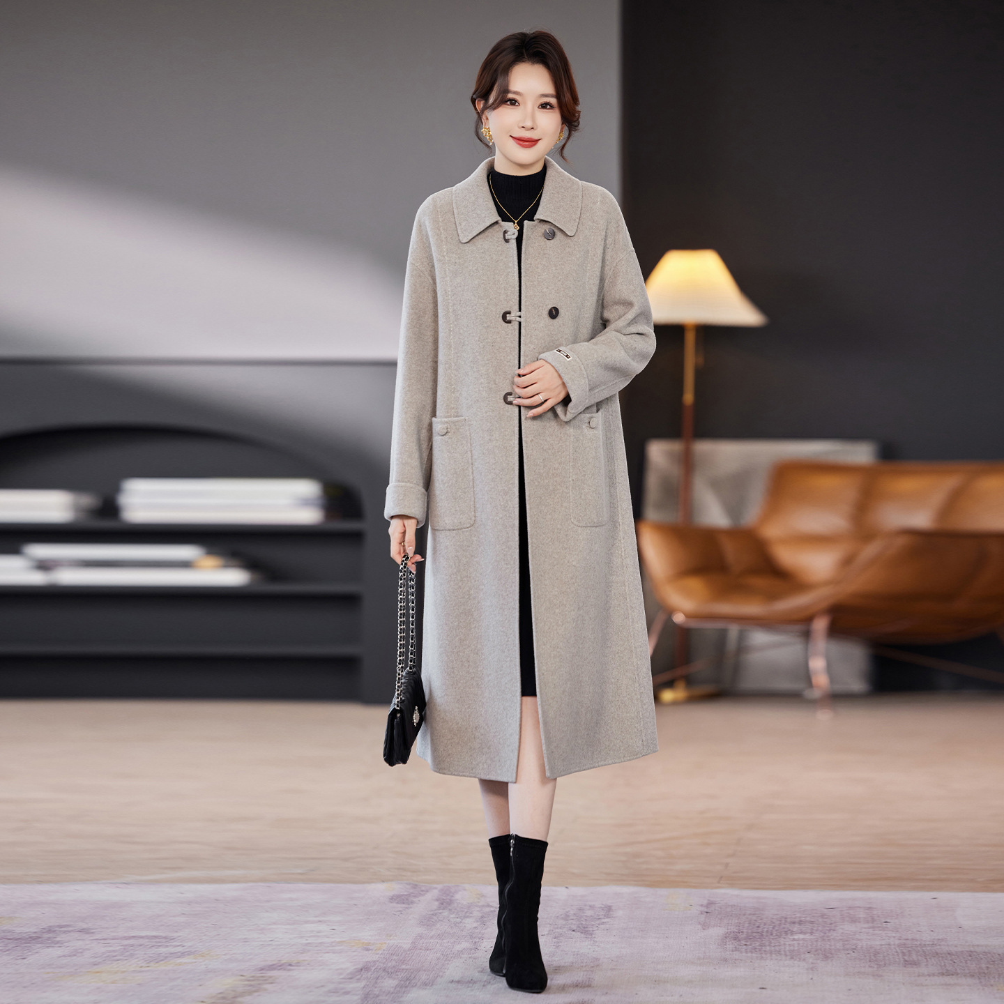 双面羊绒大衣女中长款2025秋冬新款洋气新中式牛角扣羊毛呢子