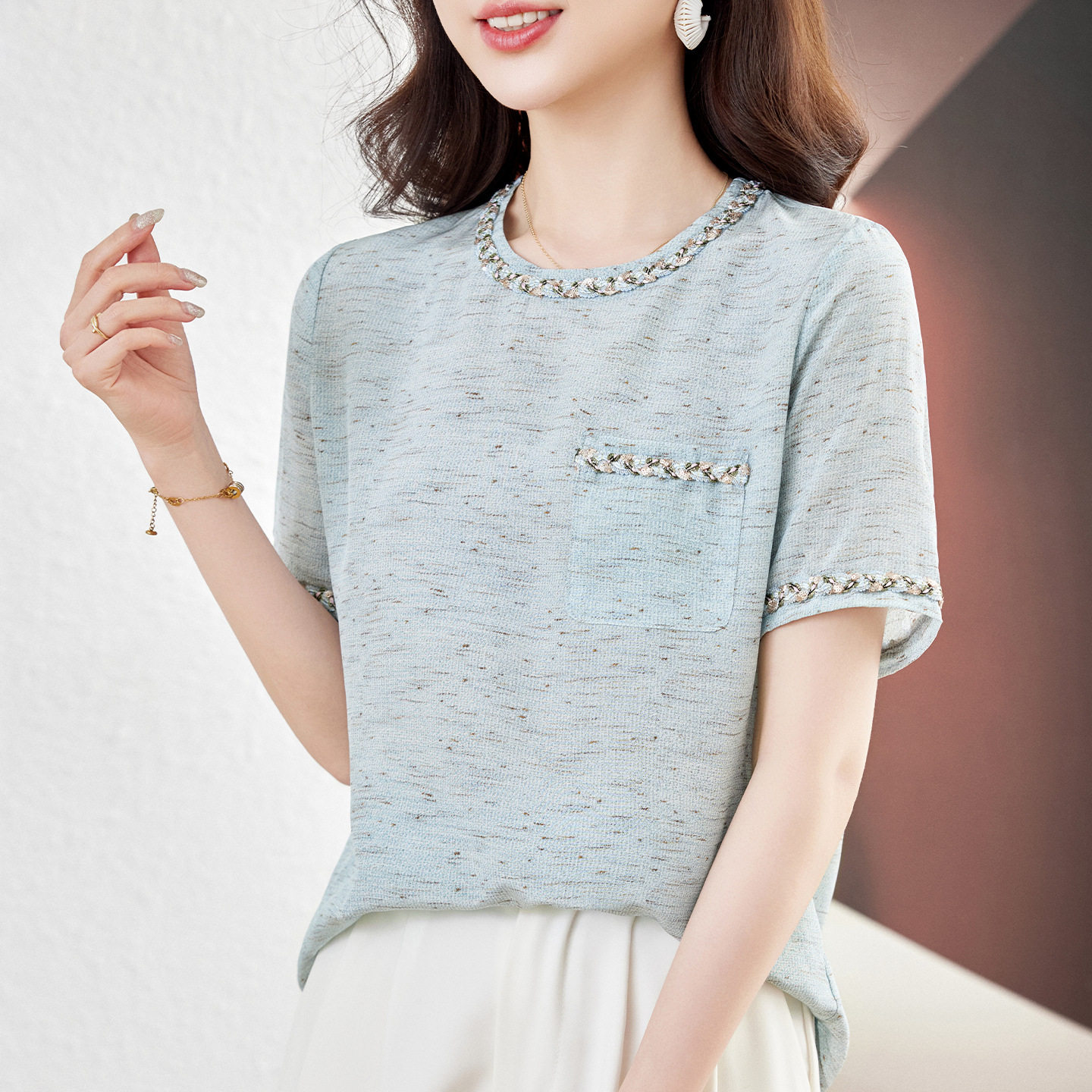 2026夏季新款彩边织带装饰真丝短袖T恤休闲圆领设计感上衣桑蚕丝