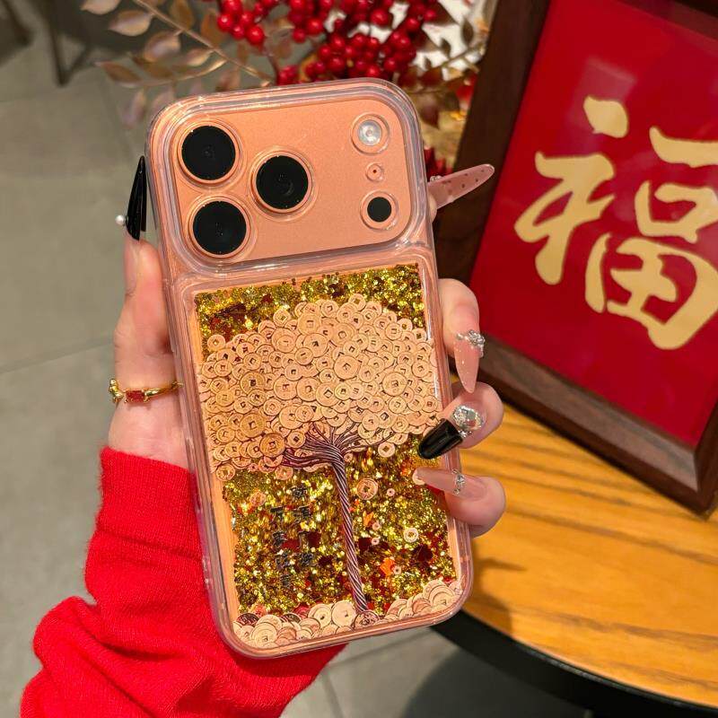流沙金箔发财树适用苹果17/16promax手机壳iPhone15华为mate70pro透明Pura80荣耀400女reno15保护套s30小米17