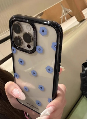 韩系蓝色小花适用苹果16promax手机壳iPhone15新款13软边亚克力14pm卡通16pro少女15pro可爱12透明11保护套16
