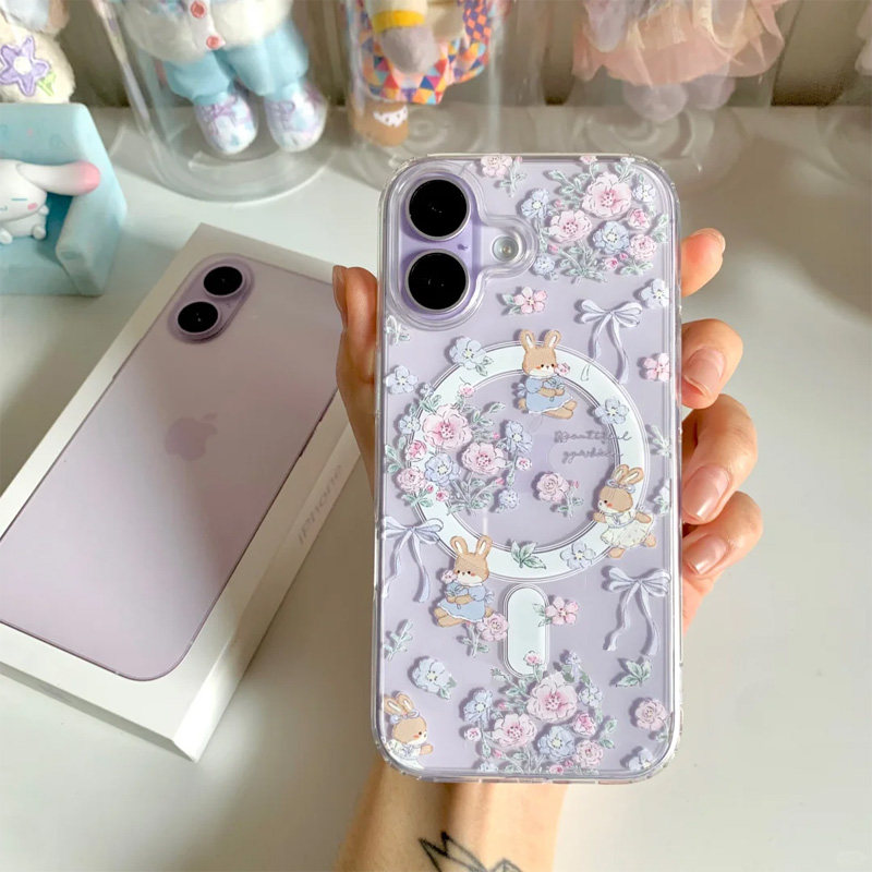 花朵小兔子适用苹果17/16promax手机壳iPhone15pro新款14磁吸13可爱12少女11卡通16pro硅胶Air防摔xr保护套xs