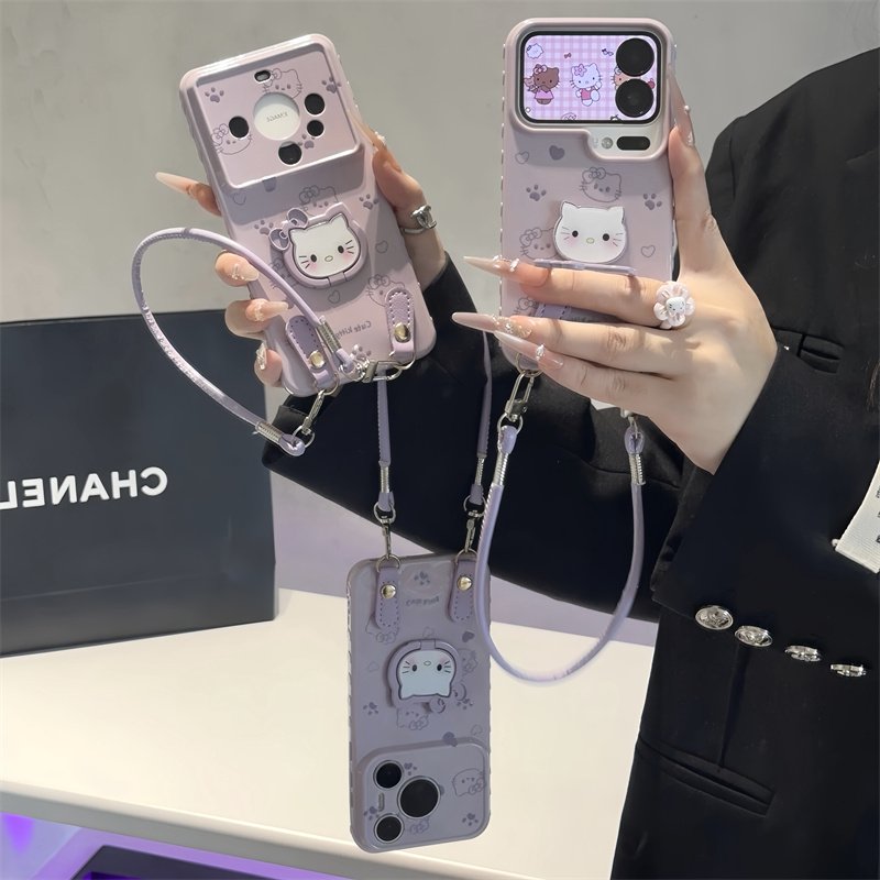 卡通猫咪支架挂绳适用苹果17/16promax手机壳华为mate80pro大视窗Pura90荣耀600女reno15保护套x300软小米17