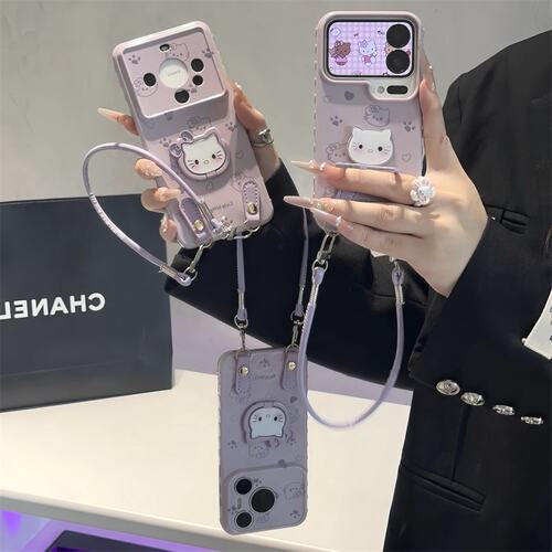 卡通猫咪支架挂绳适用苹果17/16promax手机壳华为mate80pro大视窗Pura90荣耀600女reno15保护套x300软小米17