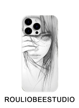 素描齐刘海少女适用苹果17PRO手机壳iPhone16promax新款15大孔14果冻13卡通11小众12硅胶xr防摔xs保护套软78p