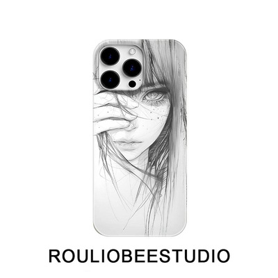 素描齐刘海少女适用苹果17PRO手机壳iPhone16promax新款15大孔14果冻13卡通11小众12硅胶xr防摔xs保护套软78p