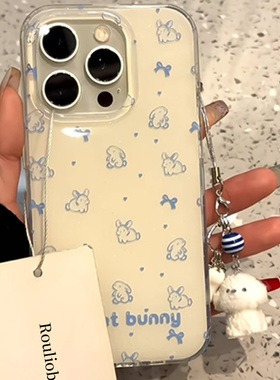 ins可爱小清新蓝色线条蝴蝶结兔子适用苹果16/15promax手机壳华为Mate60PRO双层壳荣耀200防摔小米15红米K70