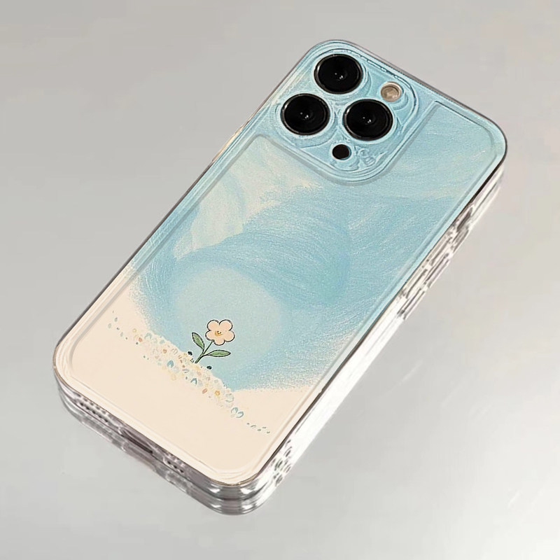 油画风天空小花适用苹果16promax手机壳iphone14PRO华为mate60pro透明Pura70荣耀300女reno13保护套s20小米15
