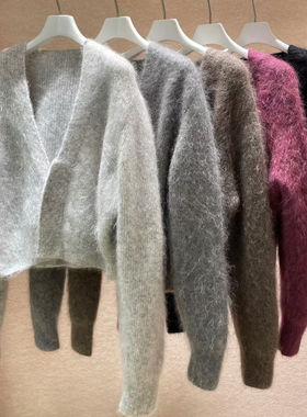 MACQNF89033MQ马海绒毛衣外套女慵懒风v领针织开衫小个子短款上衣