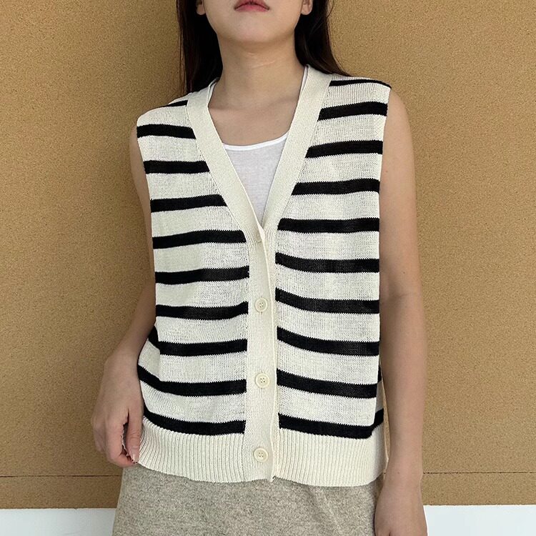 MACQNF30008MQV领条纹坎肩针织背心马甲开衫外搭上衣女
