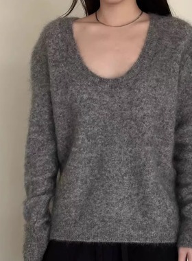 MACQNF89210MQ高端大气马海绒U领套头宽松针织衫长袖毛衣女