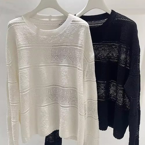 MACQNF89326MQ慵懒风宽松镂空针织罩衫女高级感圆领长袖套头衫