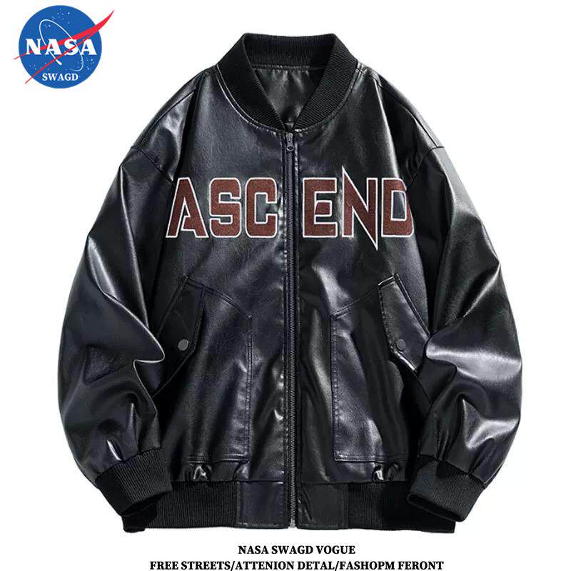 NASA联名皮衣嘻哈加肥加大码秋冬季刺绣宽松棒球服皮夹克机车外套