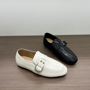 欧货真皮手工牛皮乐福鞋女2026春新款编织皮带扣粗跟一脚蹬小皮鞋