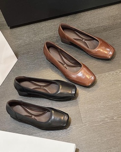 欧洲站巨好穿柔软胎羊皮方头单鞋女粗跟中跟通勤不累脚超软晚晚风