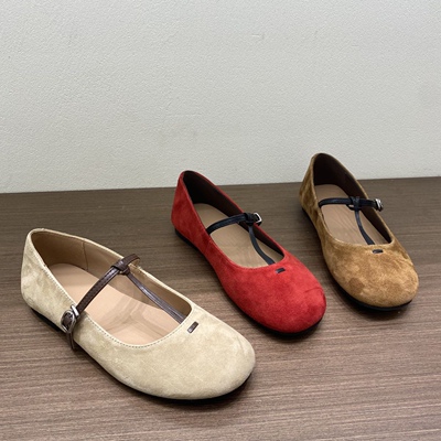 欧洲站2026春复古风反绒皮玛丽珍鞋女平底一字扣浅口单鞋百搭舒适
