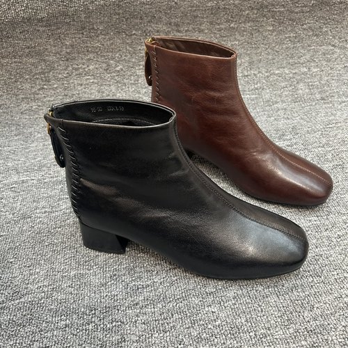 欧洲站软羊皮粗跟短靴高跟瘦瘦靴子方头裸靴通勤百搭后拉链女靴