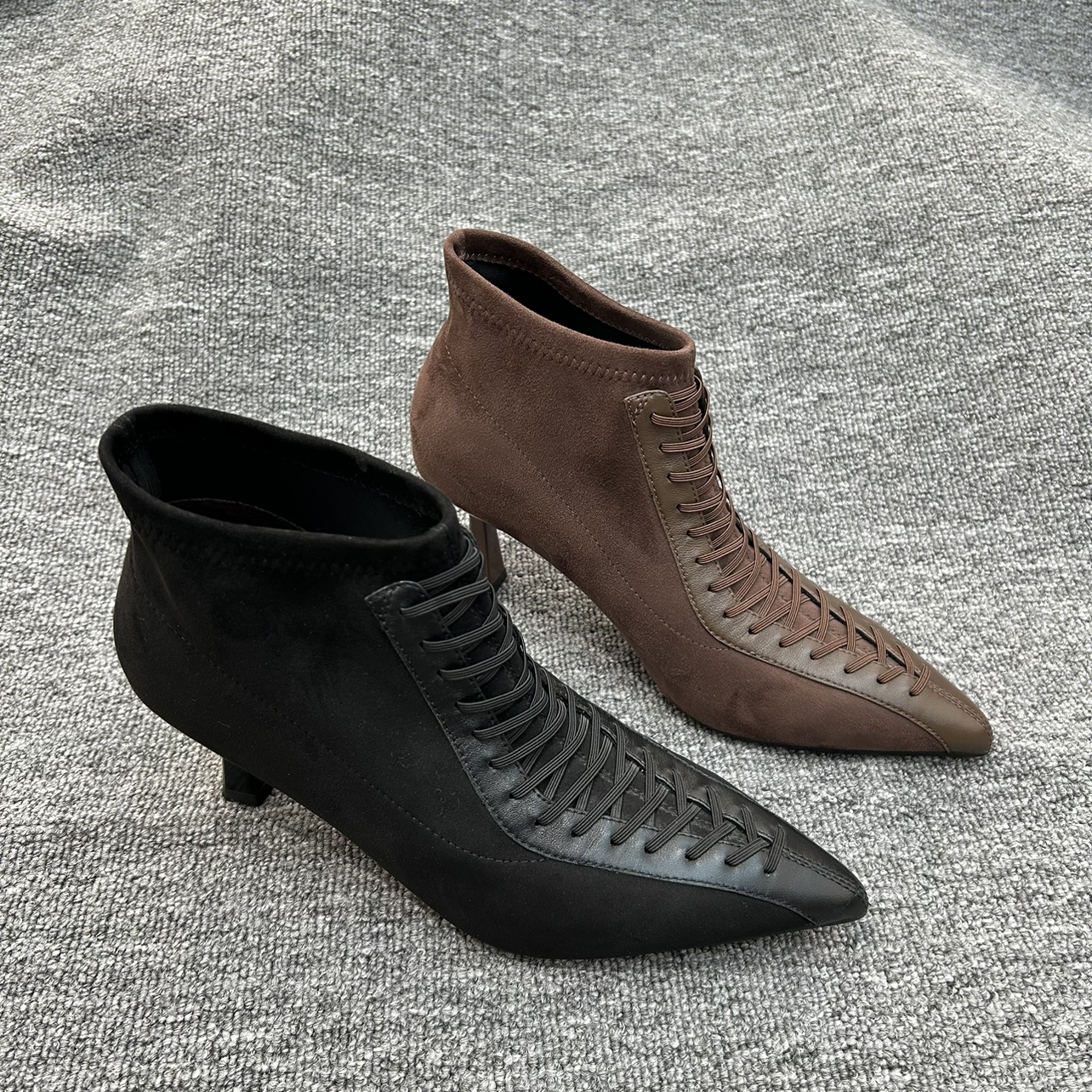 欧洲站2024秋冬新款弹力显瘦时装靴尖头羊皮系带细跟百搭靴子女款