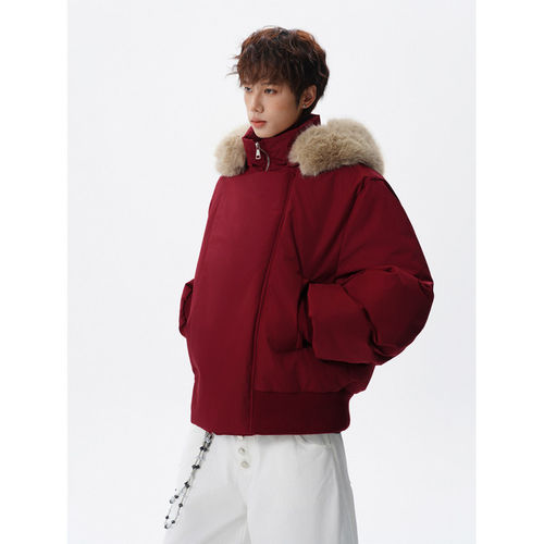 「设计师品牌」美式酒红色连帽短款棉衣