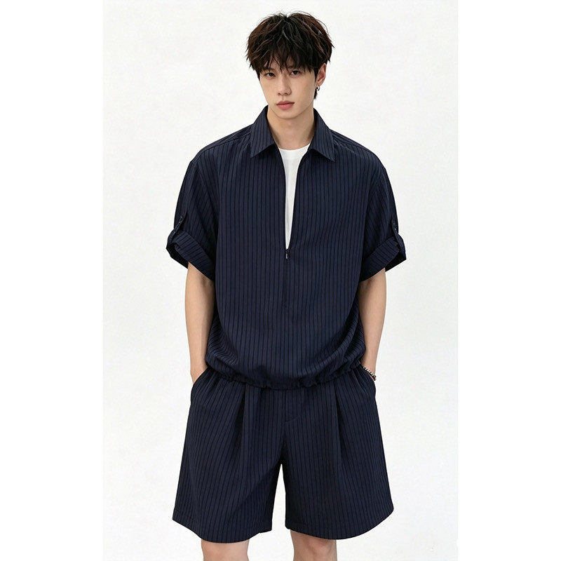 「设计师品牌」夏季新款亲肤假两件条纹短袖衬衫短裤套装男潮