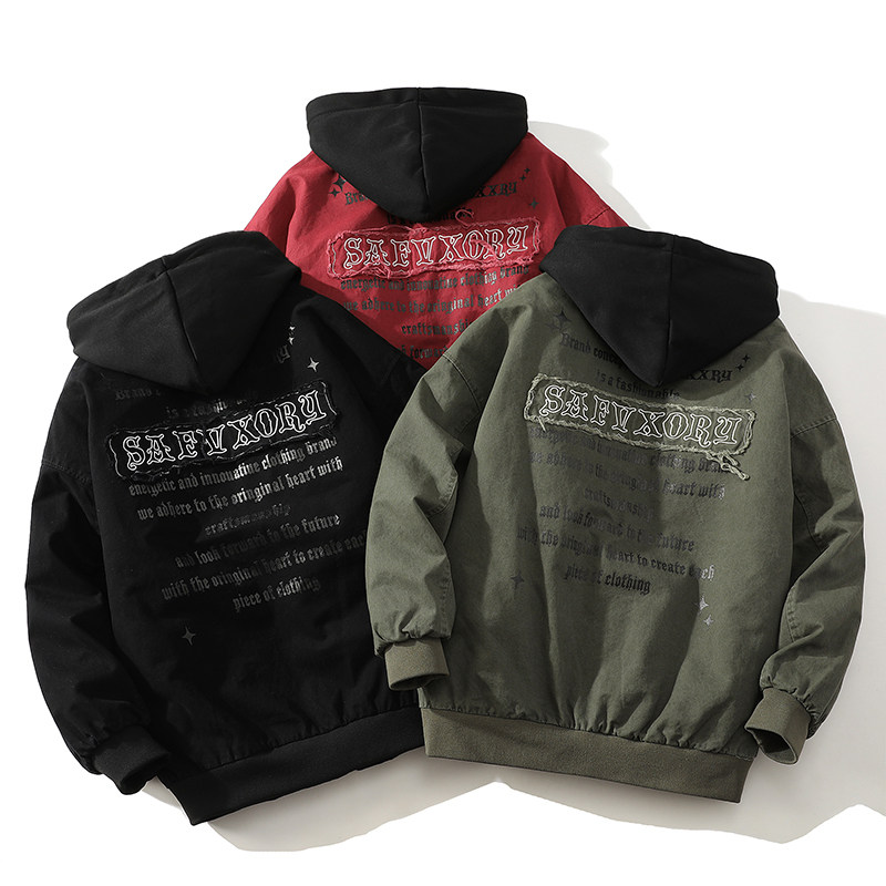 「设计师品牌」美式水洗做旧棒球服夹克加厚棉衣刺绣英文情侣