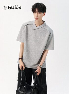 高级感解构翻领T恤男女春季美式不规则设计POLO潮牌纯色情侣短袖
