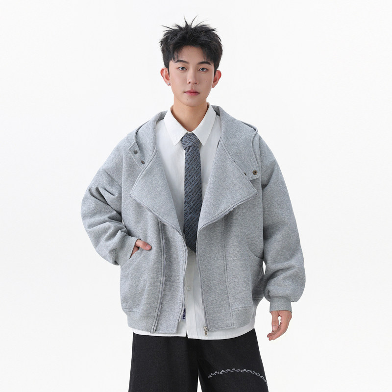 「设计师品牌」重磅400克 长袖立领机车开衫卫衣外套秋季