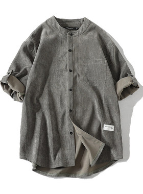 「设计师品牌」新中式男装无领衬衫男士国潮短袖衬衣宽松上衣