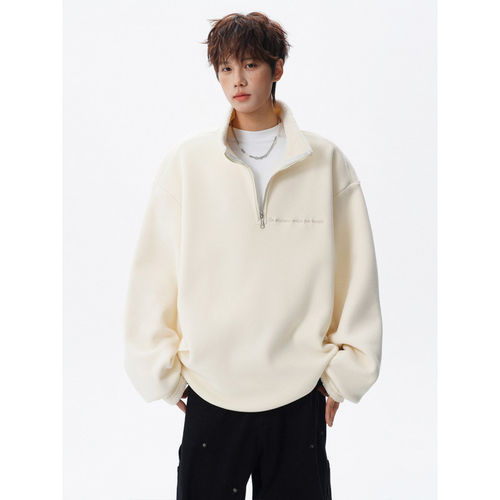 「设计师品牌」重磅美式翻领大码立领绒感半拉链卫衣上衣外套