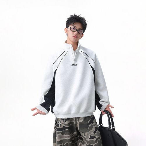 「设计师品牌」美式运动立领卫衣撞色拼接外套宽松重磅