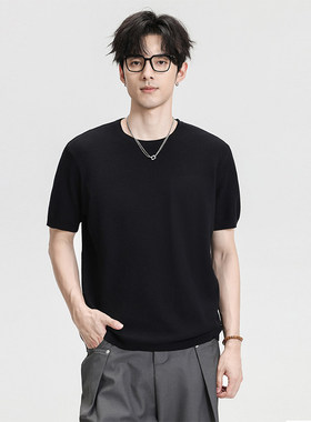 「设计师品牌」夏季丝针织T恤衫男五分短袖圆领打底体恤