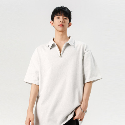 「设计师品牌」POLO领V领拉链金属配饰可拆卸不锈钢环扣短袖T恤