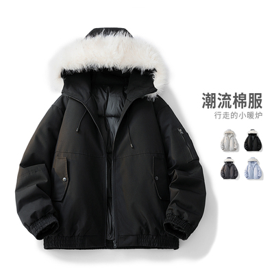 「设计师品牌」美式高街大毛领连帽棉服男款冬季加厚保暖棉衣外套