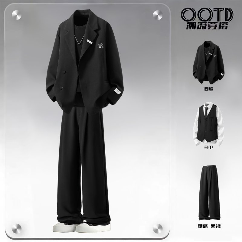 「设计师品牌」金属搭扣西服M-5XL大码西装套装男四件套
