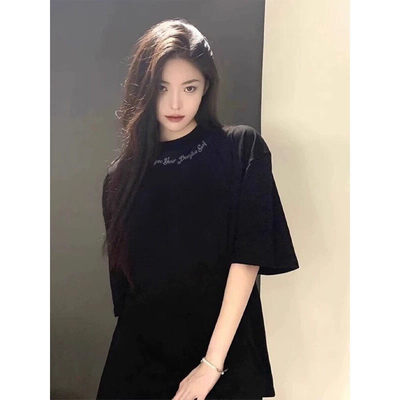 100%纯棉夏季黑色美式复古正肩短袖t恤女百搭显白宽松圆领上衣ins