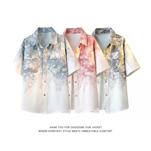 「设计师品牌」扎染渐变衬衫男夏季短袖高级感衬衫