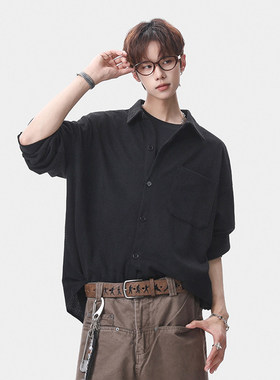 「设计师品牌」衬衫男春季新款港风宽松大码人字纹长袖衬衣