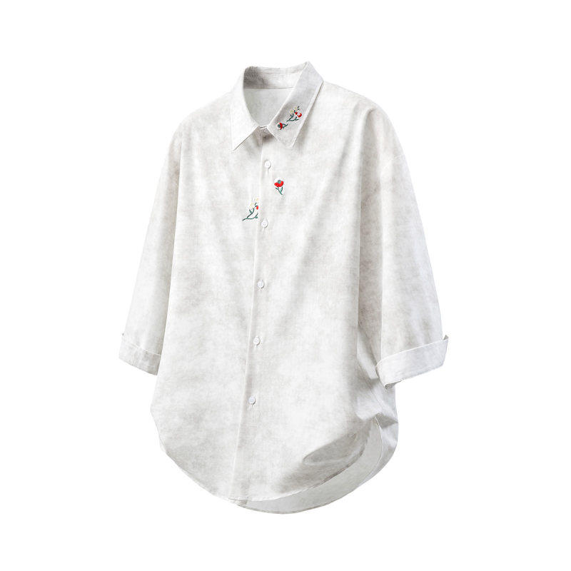 「设计师品牌」扎染脏脏灰新中式花卉刺绣七分袖衬衣男M-5XL