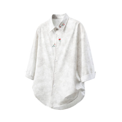 「设计师品牌」扎染脏脏灰新中式花卉刺绣七分袖衬衣男M-5XL