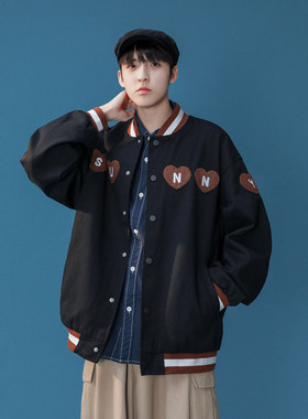 26春季情侣棒球领爱心字母毛巾料刺绣夹克外套