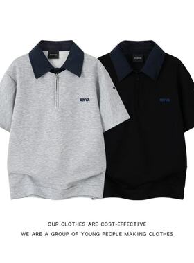 「设计师品牌」港风夏款男女假两件T恤衬衫领字母印花宽松短袖T恤