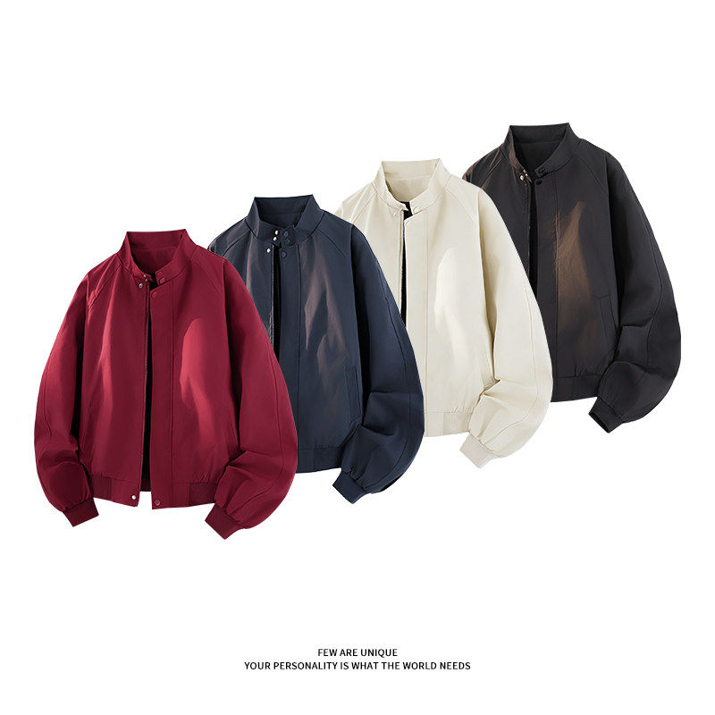 「设计师品牌」春季美式酒红色夹克哈灵顿飞行员立领外套男女