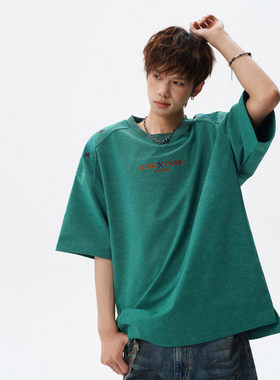 「设计师品牌」开叉拼肩款 250克重磅砂洗刺绣天丝棉冰丝短袖T恤