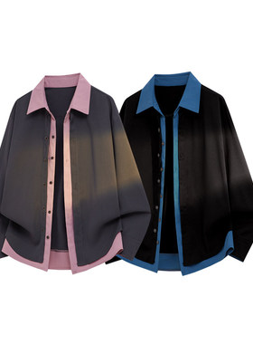 「设计师品牌」大码情侣拼色冰丝顺滑假两件衬衫