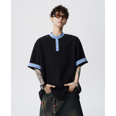 「设计师品牌」美式格纹拼接休闲华夫格短袖