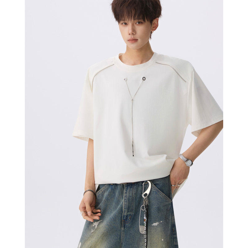 夏季男生穿搭短袖t恤自带项链男装宽松潮流高级感半袖