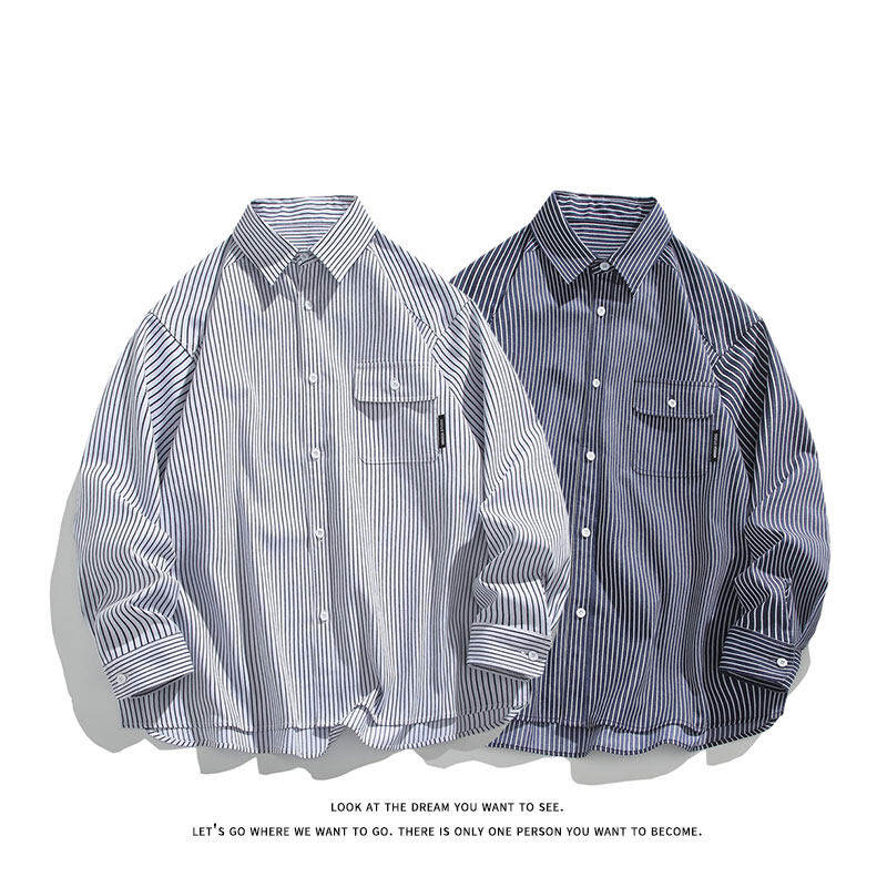 「设计师品牌」条纹衬衫复古大码长袖衬衫外套