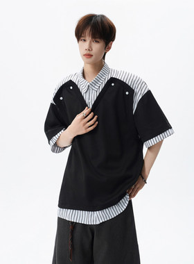 学院衬衫领t恤设计解构假两件短袖条纹拼接七分袖POLO衫